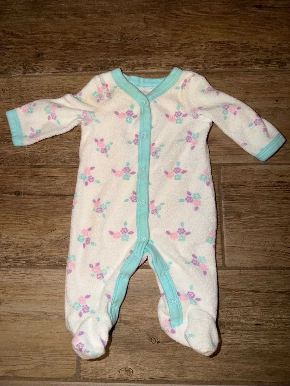 Cream Floral Footie with Mint Trim - Baby One-Piece